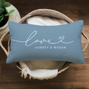Love in Heart Script Dusty Blue Custom Monogram Lumbar Cushion