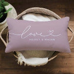 Love in Heart Script Lilac Custom Monogram Lumbar Cushion<br><div class="desc">Modern and stylish custom lumbar throw pillow design features a simple and minimal "Love" typography design that includes flourish and heart details. Personalise the uppercase text below with a monogram for a couple or family, a quote, or other preferred text. The lilac light muted pink-ish purple and white colours can...</div>