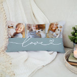 Love in Heart Script Mist Custom 3 Photo Collage Lumbar Cushion<br><div class="desc">Modern and stylish custom lumbar throw pillow design features a photo collage of three (3) favourite photos with a simple and minimal white "Love" typography design that includes flourish and heart details. The neutral grey mist green and white colours can be modified.</div>
