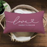 Love in Heart Script Rose Wine Custom Monogram Lumbar Cushion<br><div class="desc">Modern and stylish custom lumbar throw pillow design features a simple and minimal "Love" typography design that includes flourish and heart details. Personalise the uppercase text below with a monogram for a couple or family, a quote, or other preferred text. The rose wine red and white colours can be modified....</div>