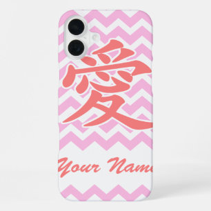 Love in Japanese with Pink Chevron Pattern iPhone 16 Plus Case