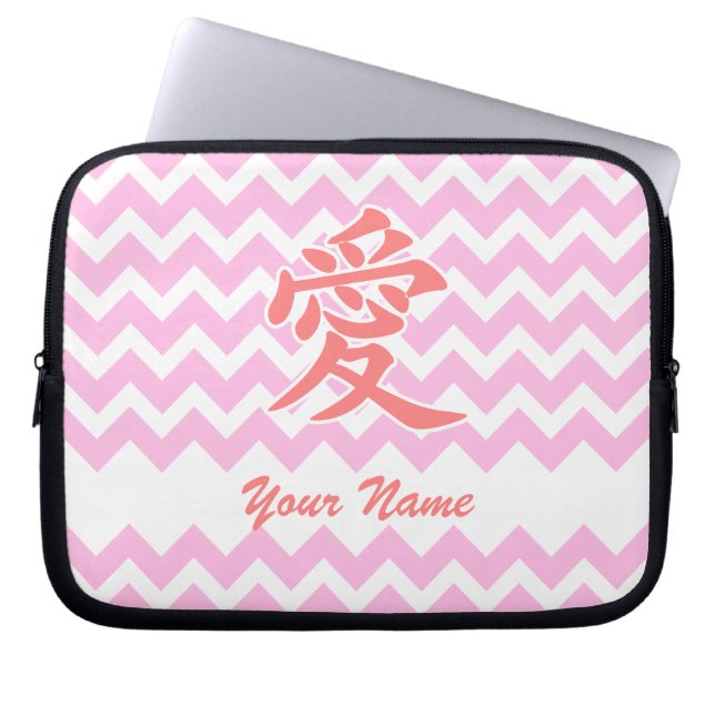 Love in Japanese with Pink Chevron Pattern Laptop Sleeve (Front)