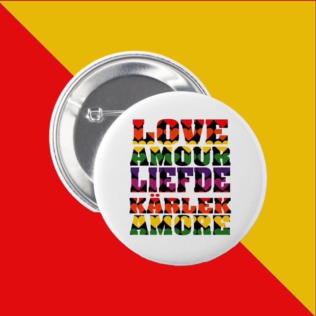 Love in Many Languages Dark Rainbow Hearts 6 Cm Round Badge (A pin back button that says Love in English, French, Dutch, Swedish and Italian with rainbow hearts)