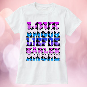 Love in Many Languages Hearts Pink Purple Black T-Shirt