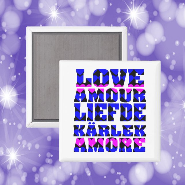 Love in Many Languages Pink Blue Hearts Magnet (A magnet that says love in a variety of languages with a pink and blue heart pattern)