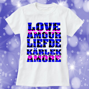 Love in Many Languages Text Hearts Pink Blue T-Shirt