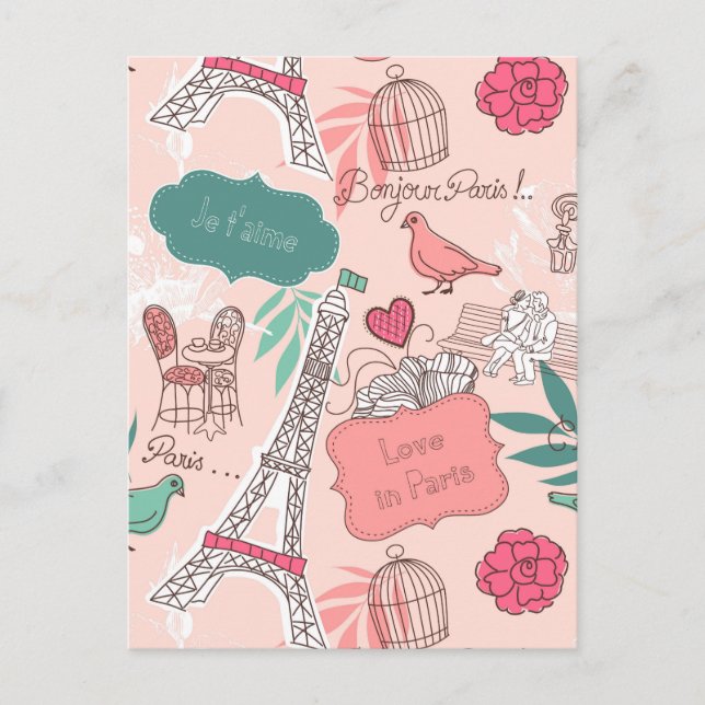 Love in Paris Pattern Pink Postcard (Front)