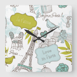 Love in Paris Pattern Square Wall Clock
