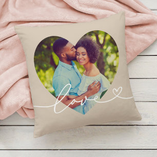 Love in Script Beige Custom Heart Shaped Photo Cushion