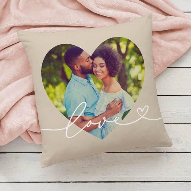 Love in Script Beige Custom Heart Shaped Photo Cushion (Creator Uploaded)