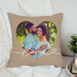 Love in Script Brown Custom Heart Shaped Photo Cushion<br><div class="desc">Modern and stylish custom throw pillow design features a favourite photo in a big heart shape with a minimal white "Love" typography overlay design that includes flourish and heart details. The latte tan brown background colour can be modified. A unique gift idea for a newlywed couple or for your loved...</div>
