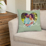 Love in Script Green Custom Heart Shaped Photo Cushion<br><div class="desc">Modern and stylish custom throw pillow design features a favourite photo in a big heart shape with a minimal white "Love" typography overlay design that includes flourish and heart details. The leafy laurel green background colour can be modified. A unique gift idea for a newlywed couple or for your loved...</div>