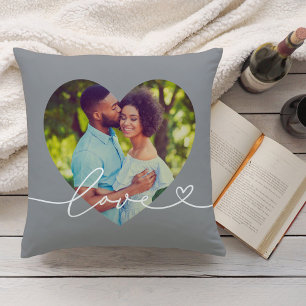 Love in Script Grey Custom Heart Shaped Photo Cushion