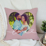 Love in Script Rose Pink Custom Heart Shaped Photo Cushion<br><div class="desc">Modern and stylish custom throw pillow design features a favourite photo in a big heart shape with a minimal white "Love" typography overlay design that includes flourish and heart details. The dusty rose pink background colour can be modified. A unique gift idea for a newlywed couple or for your loved...</div>