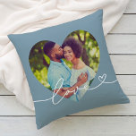 Love in Script Slate Custom Heart Shaped Photo Cushion<br><div class="desc">Modern and stylish custom throw pillow design features a favourite photo in a big heart shape with a minimal white "Love" typography overlay design that includes flourish and heart details. The slate grey-ish green blue background colour can be modified. A unique gift idea for a newlywed couple or for your...</div>