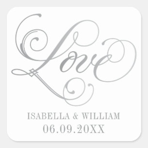 Love in Silver Elegant Script Wedding Monogram Square Sticker