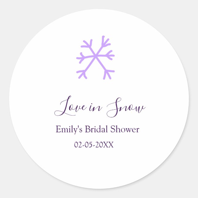 Love in Snow bridal shower purple snowflakes paste Classic Round Sticker (Front)