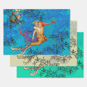 LOVE IN THE ABYSS Mermaid and Triton Valentine Day Wrapping Paper Sheet
