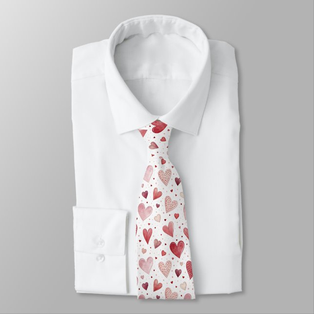 Love in Watercolor - Whimsical Heart Pattern Tie (Tied)