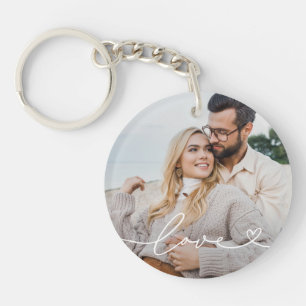 Love in White Script with Heart Custom Photo Key Ring