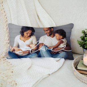 Love in White Script with Heart Custom Photo Lumbar Cushion