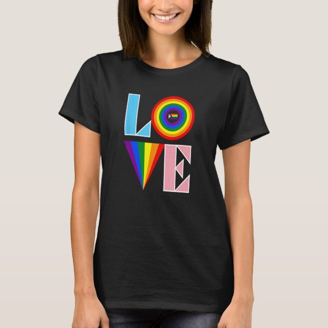 LOVE including Rainbow and Progressive Pride Flag T-Shirt (Front)