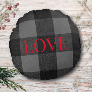 Love-Infused Flannel: Black and Grey Buffalo Plaid Round Cushion