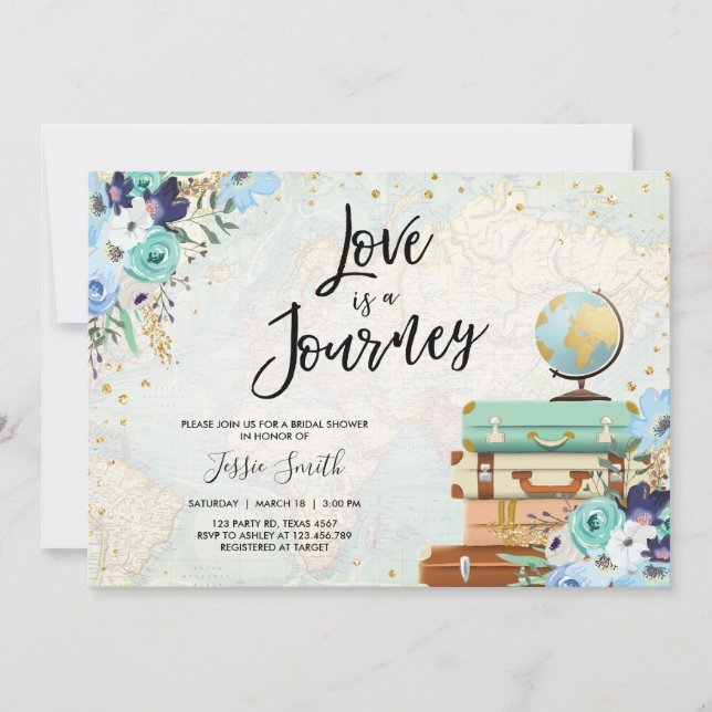 Love is a Journey Blue Floral Travel Bridal Shower Invitation (Front)
