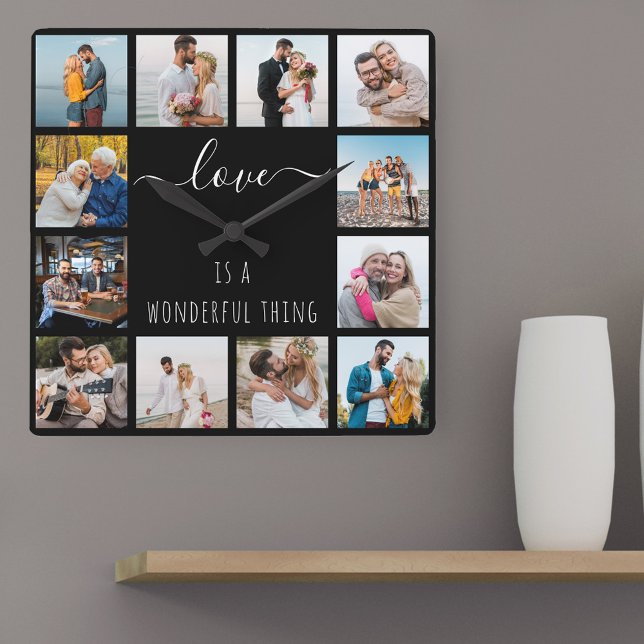 Love is a Wonderful Thing Quote 12 Photo Black Square Wall Clock (Love is a wonderful thing and so is a custom made photo gift for family, newlyweds, anniversaries ..)