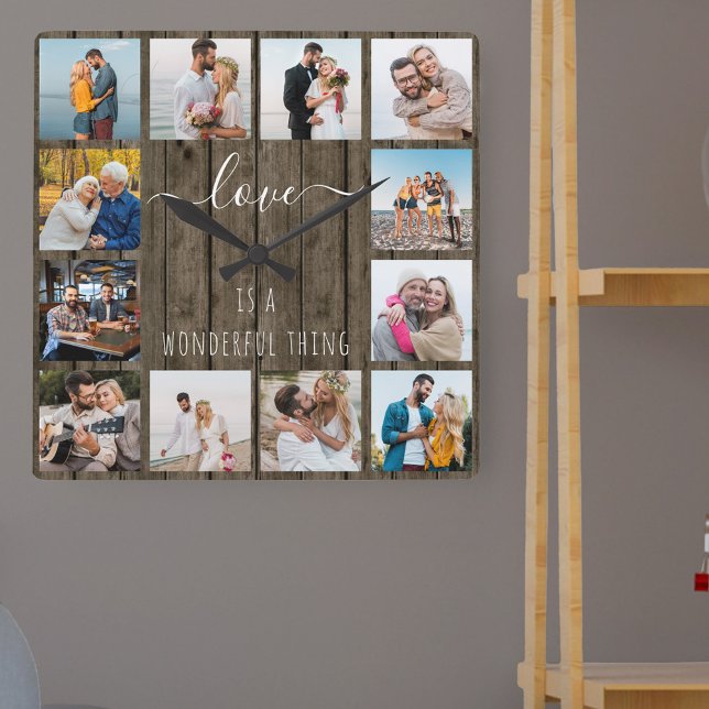 Love is a Wonderful Thing Quote 12 Photo Wood Square Wall Clock (Love is a wonderful thing and so is a custom made photo gift for family, newlyweds, anniversaries ..)