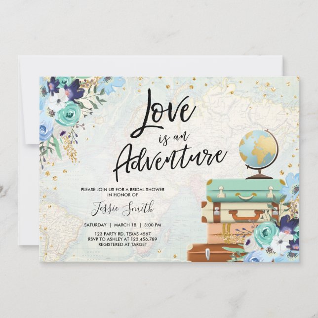 Love is an Adventure Blue Floral Bridal Shower Invitation (Front)