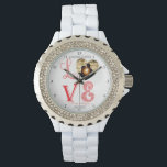Love is Being with You Photo Heart Frame Watch<br><div class="desc">Celebrate your love with this modern vintage, love-themed, monogram photo frame design. Heart-shaped frame is surrounded by elegant white and red fonts with a trendy shabby chic look. Create your own keepsake personalised gift by replacing the sample photo and text with your own. Makes a wonderful present for Anniversary, Engagement,...</div>