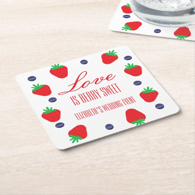 Love Is Berry Sweet Fruit Bridal Shower Square Paper Coaster (Angled)