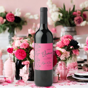 Love is blooming bright pink & black floral shower wine label