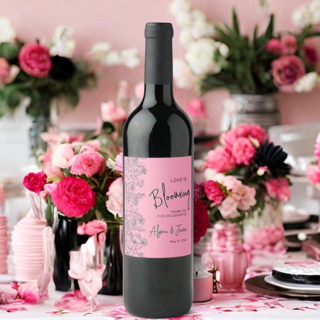 Love is blooming light pink & black floral shower wine label (Creator Uploaded)