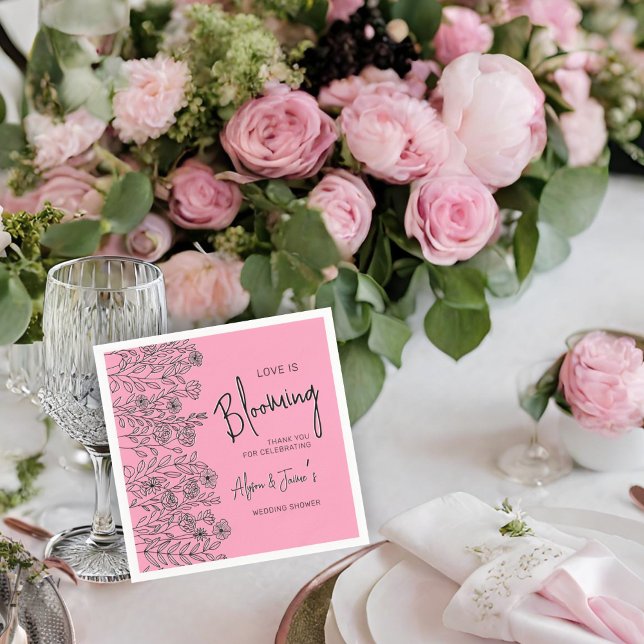 Love is blooming pink & black floral bridal shower napkin (Creator Uploaded)