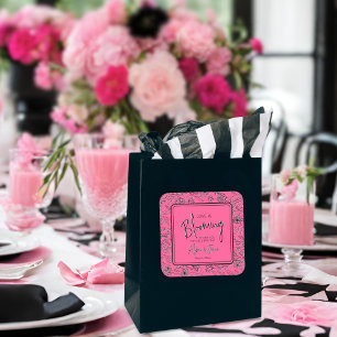 Love is blooming pink & black floral bridal shower square sticker