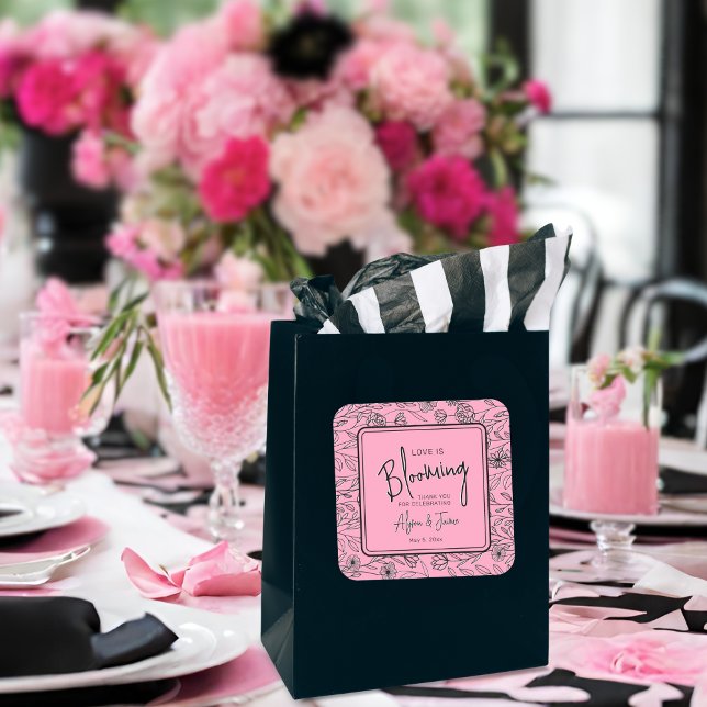 Love is blooming pink & black floral bridal shower square sticker (Creator Uploaded)