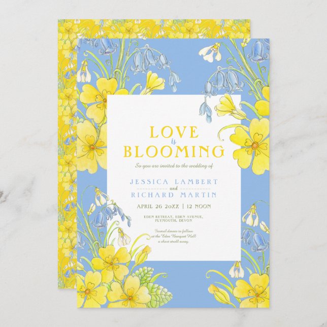 Love is blooming spring flower blue wedding invitation (Front/Back)