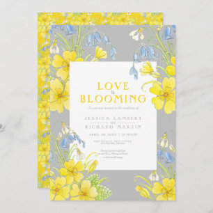 Love is blooming spring flower yellow grey wedding invitation