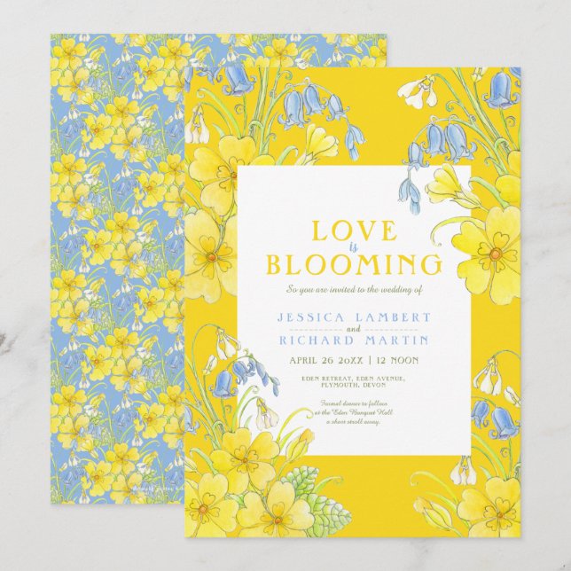 Love is blooming spring flower yellow wedding invitation (Front/Back)