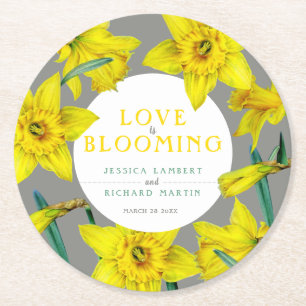Love is blooming watercolor yellow spring wedding round paper coaster