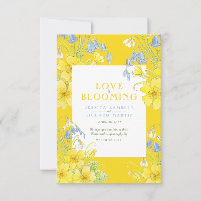 Love is blooming watercolor yellow spring wedding RSVP card (Front)