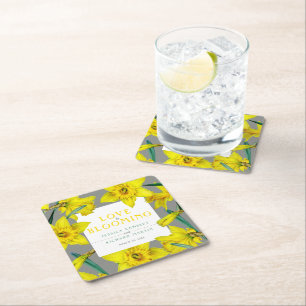 Love is blooming watercolor yellow spring wedding square paper coaster