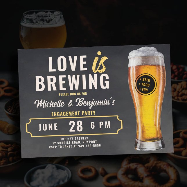 Love is Brewing Beer Couple's Engagement Party Invitation (love is brewing beer engagement party invitation brewery party rustic chalk board)