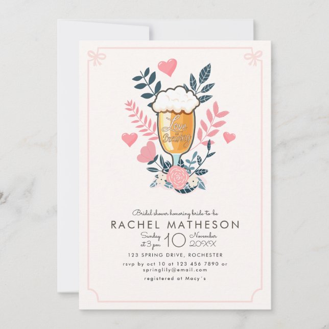 Love is brewing beer glass bachelorette party invitation (Front)