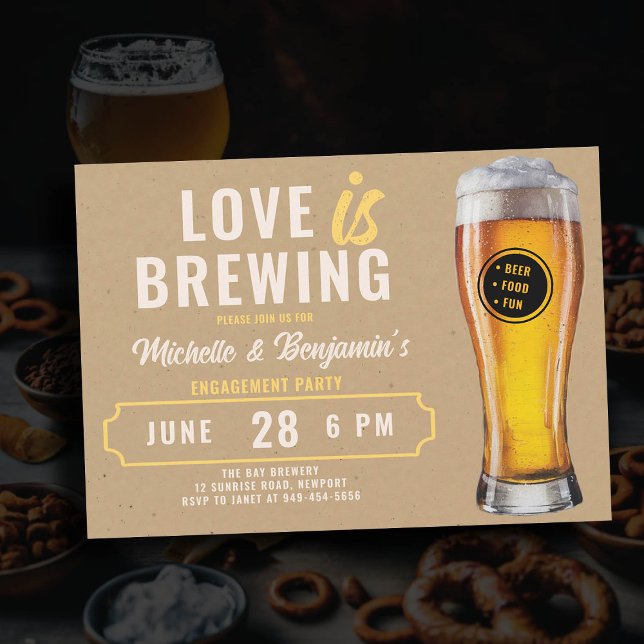 Love is Brewing Beer Kraft Couple's Engagement Invitation (love is brewing beer engagement party invitation brewery party rustic kraft paper)