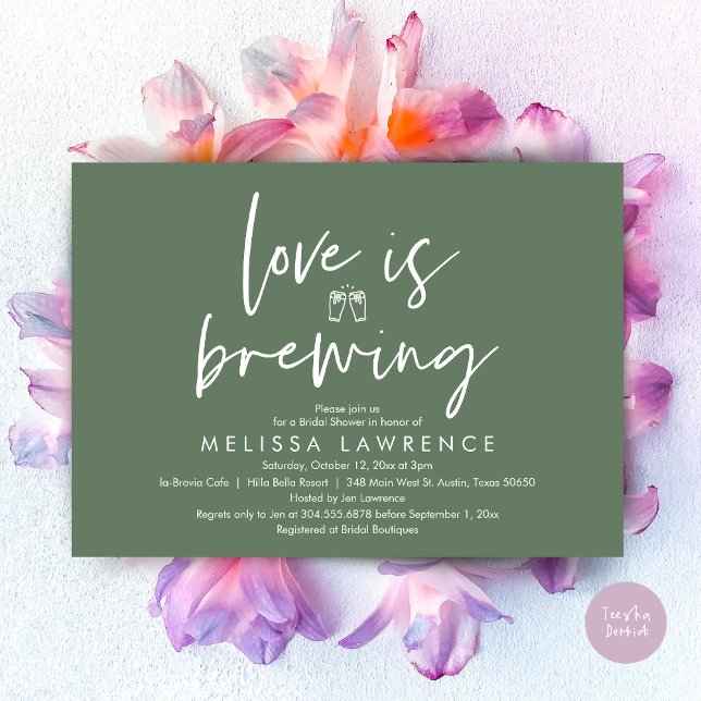 Love is brewing, Beer Party Bridal Shower Invitation (Love is brewing, Beer Party Bridal Shower Invitation Card, PDF, in Sage Green)