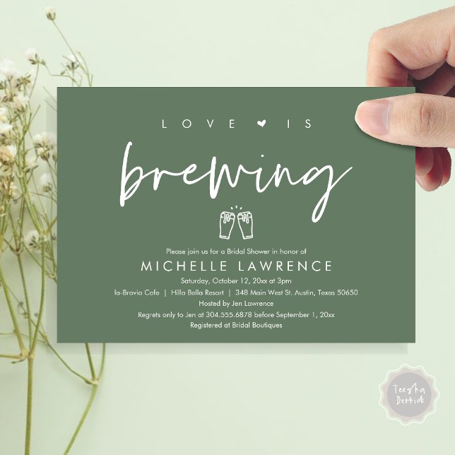 Love is brewing, Beer Party Bridal Shower Invitation (Love is Brewing, Bridal Shower Invitation Card, PDF, Beer Brew Party Celebration, Forest Sage Green)
