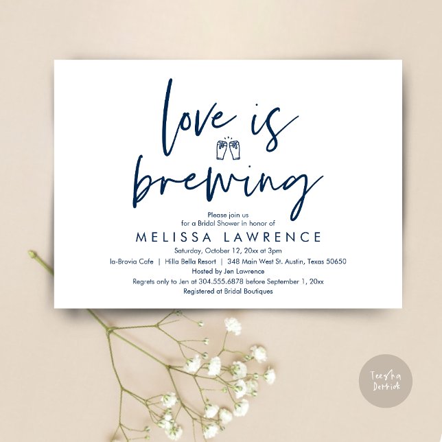 Love is brewing, Beer Party Bridal Shower, Navy Invitation (Love is brewing, Beer Party Bridal Shower Invitation Card, PDF, in Navy Blue)